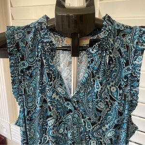 Michael Kors Blue and Black Paisley Ruffled V-Neck dress